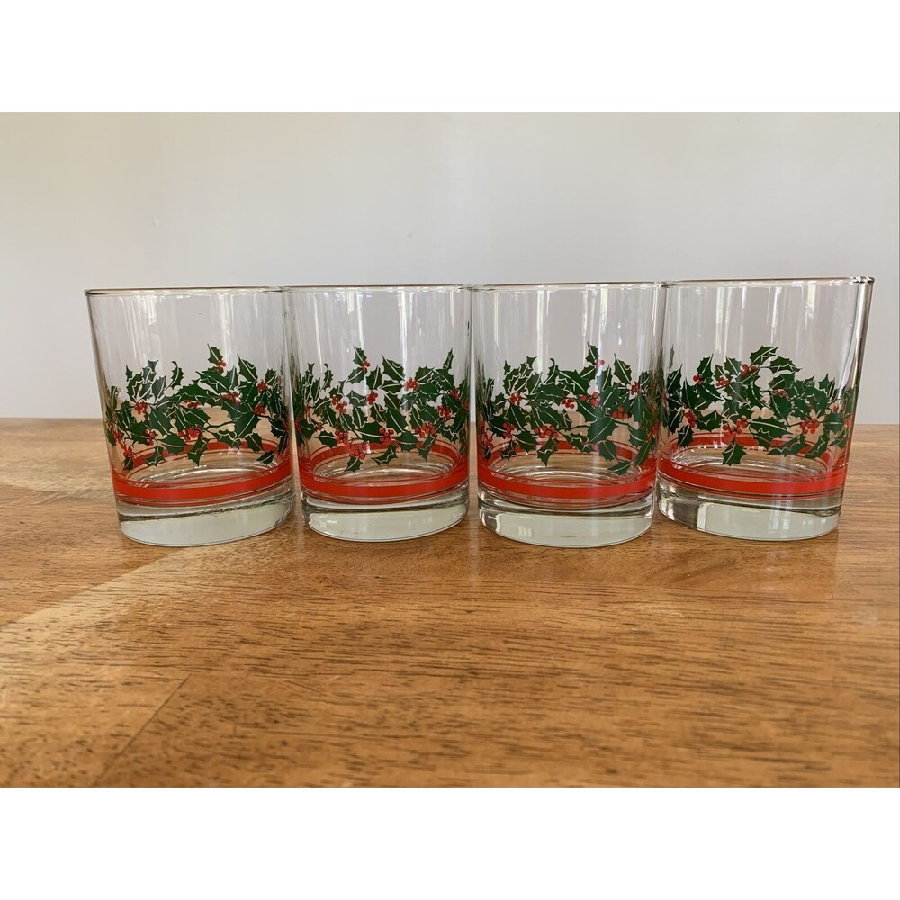 Vintage Libbey Holly Berry Ribbon Glass Coffee Mugs set of 4‎ Holiday 8 oz